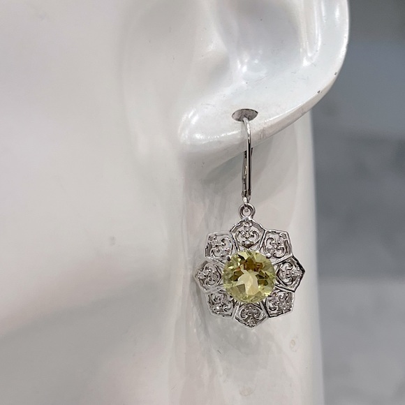 Ouro Verde Quartz Cambodian Zircon Sterling Silver Lever Back  Flower Ea… - Picture 2 of 13